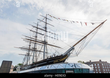 Der Klipper Cutty Sark auf dem Display an Greenwich Pier, Greenwich, London, England, Vereinigtes Königreich, Europa Stockfoto