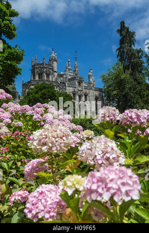 Blumen Rahmen mystische Altbauten der romanisch-gotischen und Renaissancestil, Quinta da Regaleira, Sintra, Portugal, Europa Stockfoto