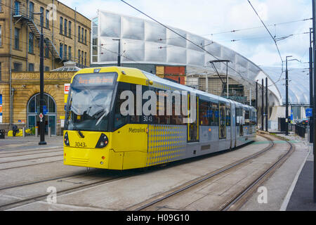 U-Bahn Straßenbahn Linien in Victoria Station in Manchester, England. Stockfoto