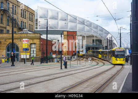 U-Bahn Straßenbahn Linien in Victoria Station in Manchester, England. Stockfoto