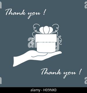 Niedliche Bild mit Hand, ein Geschenk und eine Inschrift: Ich danke Ihnen auf einem farbigen Hintergrund. Stock Vektor