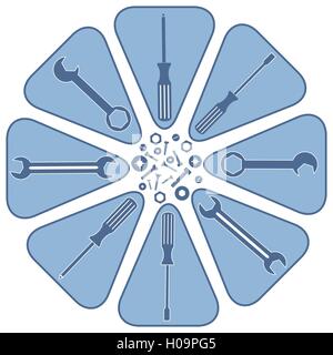 Schönes Bild von einem farbigen Schema mit verschiedenen Werkzeugen auf weißem Hintergrund Stock Vektor