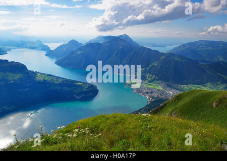 Aussicht Vom Fronalpstock, Rigi und Vierwaldstätter See hinter, Stoos, Kanton Schwyz, Schweiz Stockfoto