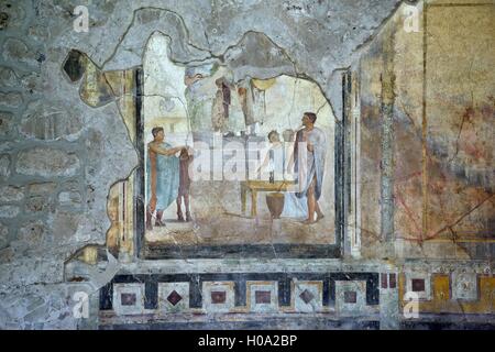 Römische Wandmalerei, Fresko in einem Stadthaus, antike Stadt Pompeji, Kampanien, Italien Stockfoto