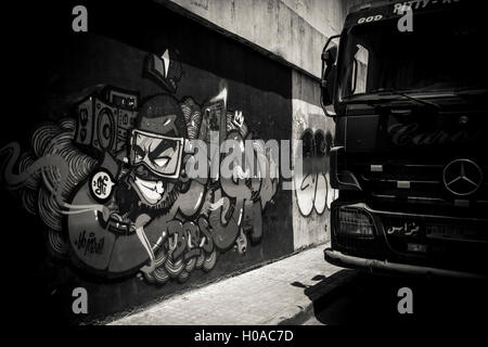 Graffitis in Beirut - 06.10.2016 - Libanon / Beirut - Geitawi, Beirut, Juni 2016. Graffiti von Wyte. (An der Wand im Tribut zum Meuh.)   -Bilal Tarabey / Le Pictorium Stockfoto