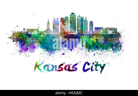 Kansas City V2 Skyline in Aquarell Spritzer mit Beschneidungspfad Stockfoto