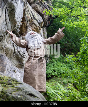 Bärtiger Mann verehren Gott in der Natur. Der alte Einsiedler hob die Hände zum Himmel. Stockfoto