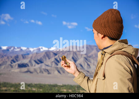 Junge Reisende auf der Suche bei Compass im Himalaya Bergblick Hintergrund in Leh, Ladakh, Indien Stockfoto