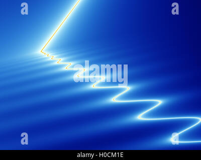 Abstrakte Fraktalbild mit Effekt der weißen und gelben Streifen von Licht schlagen und plätschernde blaue Oberfläche Stockfoto