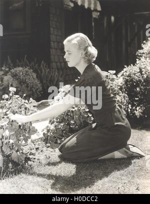 Voller Länge Seitenansicht der jungen Frau Baumschnitt Pflanzen im Garten Stockfoto