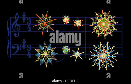 Stroh Sterne anstelle von Noten spielen das Weihnachtslied Stille Nacht. Stockfoto