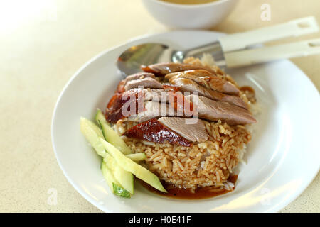 Ente Reis im chinesischen Stil mit Silced Gurke auf weißen Teller Stockfoto