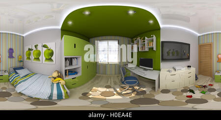 3D Darstellung sphärischer 360 Grad, nahtlosen Panorama Kinder-Zimmer Interior Design. Design ein Kinderzimmer in grün ist ein Stockfoto