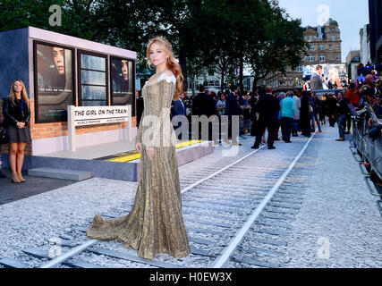 Haley Bennett Teilnahme an der Uraufführung von The Girl On The Train am Leicester Square, London. Stockfoto