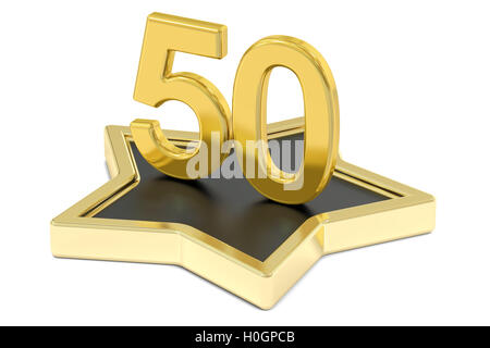 Goldene Zahl 50 auf Sterne Podium, Award-Konzept. 3D-Rendering isoliert auf weißem Hintergrund Stockfoto