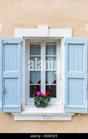 Eingemachte Alpenveilchen auf Fensterbrett Fenster mit blassen blauen Fensterläden, Bonnieux, Provence, Frankreich Stockfoto