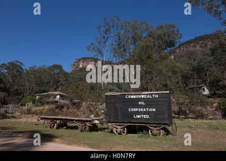 Historische Darstellung der Eisenbahn-Güterwagen mit Ölschiefer Industrie Newnes New South Wales Australien verbunden Stockfoto