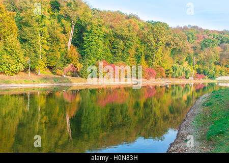 herbstliche Bäume spiegeln sich in einem See im park Stockfoto