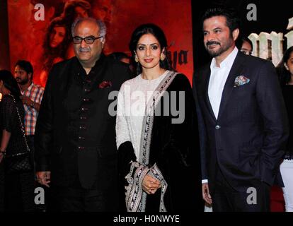 Bollywood Filmemacher Boney Kapoor, Schauspieler Sridevi und Anil Kapoor Musik starten des Films Mirzya in Mumbai Indien 13. September 2016 Stockfoto