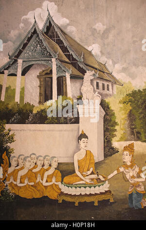 Eine Szene aus dem Leben des Buddha, Teil eines Wandbildes im Wat Phra, dass Doi Suthep Tempel Thailand Stockfoto