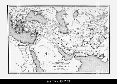 Karte von der Antike zeigt die Märsche und Kampagnen von Alexander die großen.  Alexander III, allgemein bekannt als Alexander der große war ein war ein König (Basileus) von den antiken griechischen Königreich Makedonien. Er war im Kampf ungeschlagen und gilt weithin als einer der erfolgreichsten Feldherren der Geschichte.  Bild von Cassell es illustrierte Weltgeschichte (1893) bezogen. Stockfoto