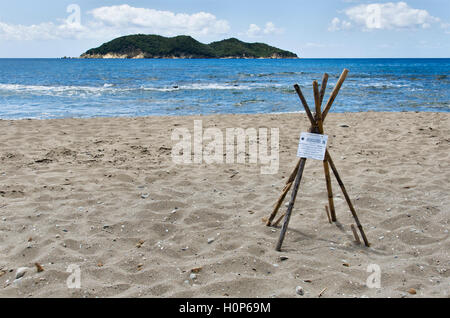 Insel Zakynthos Griechenland, National Marine Park, Dafni Strand, Caretta Schildkröten nisten Schutz auf dem Boden der Insel Pelouzo Stockfoto