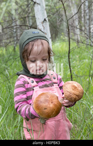 kleine Mädchen braune Haube Steinpilzen Pilze im Wald Stockfoto