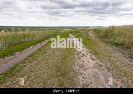 Gabel in der Straße-Feld-Straße auf einem Hügel auf den einfarbigen Hintergrund Stockfoto