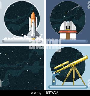 Silber digitale Vektor Kosmos Rakete Icons set mit Start, altes Observatorium, Commet, Antenne und Leerraum über stelar Rücken Stock Vektor