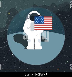 Digitale Vektor mit Astronaut Schild mit Usa-Flagge im Raum, über Hintergrund mit Sternen, flachen Stil Stock Vektor