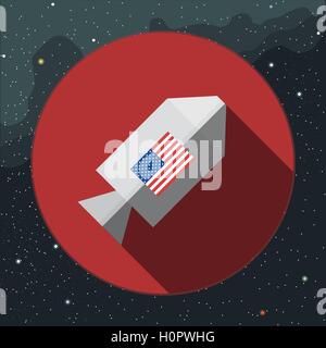 Digitale Vektor mit Rakete Raumschiff Schild mit Usa-Flagge über Hintergrund mit Sternen, flachen Stil Stock Vektor