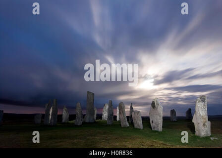 Callanish Stone Circle in der Nacht bei Vollmond Isle of Lewis äußeren Hebriden Western Isles Schottland UK GB Europa Standing stone Stockfoto