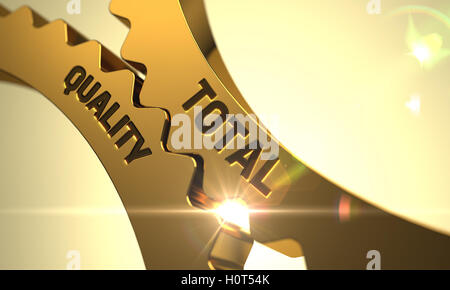 Total-Quality-Konzept. Goldene Zahnräder. 3D. Stockfoto