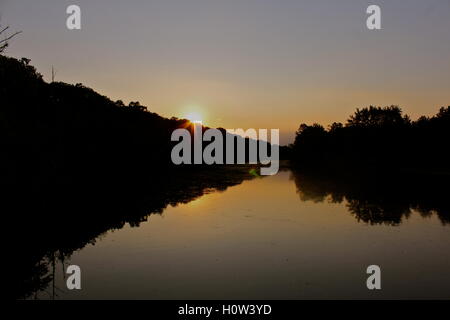 Ein Sommer Sonnenuntergang über Bäume, Gießen Silhouetten über den Fluss Stockfoto