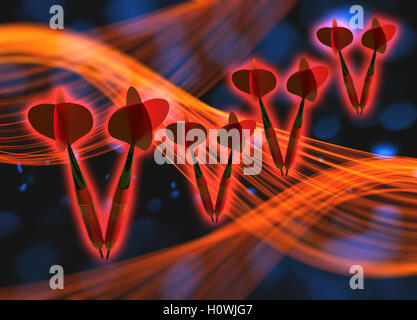 Gruppe von rot leuchtenden darts fliegen in den Raum über Hintergrund mit Bokeh Lichter und wellig Rauch Formen. 3D illustration Stockfoto