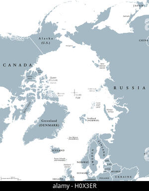 Arktische Region Länder und Nordpol politische Karte mit Ländergrenzen und Ländernamen. Arktischen Ozean ohne Meereis. Stockfoto