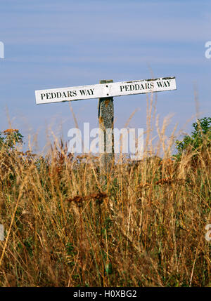 Wegweiser auf einem Abschnitt der Peddars Way Langstrecken Fußweg nördlich, östlich von King's Lynn. Stockfoto