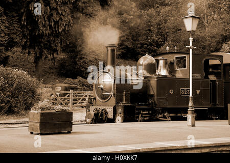Welshpool und Llanfair Eisenbahn Lokomotive Gräfin an Raven Square Station mit Oldtimer im Hintergrund wartet Stockfoto