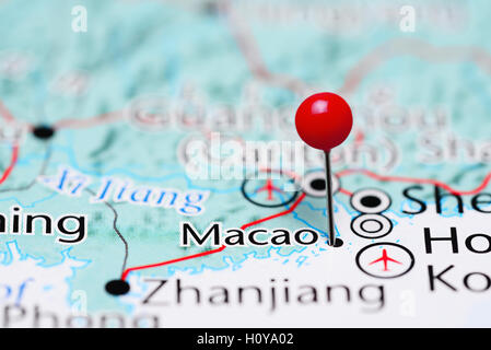 Macao, fixiert auf einer Karte von China Stockfoto
