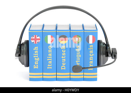 Kopfhörer und Bücher, Sprachen lernen und Konzept zu übersetzen. 3D-Rendering Stockfoto