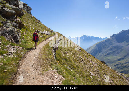 Weibliche Trekker geht in einen Pfad mit Blick auf Berge und Tal in Ponte di Legno, Case di Viso - Italien (Val Camonica) Stockfoto