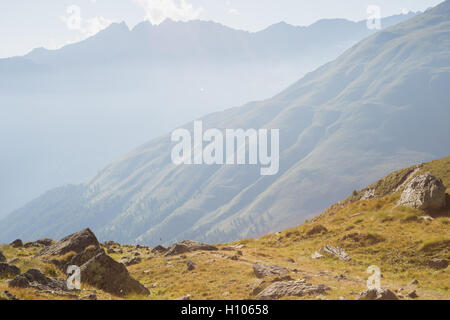 Tolle Aussicht auf Berge und Tal in Ponte di Legno, Case di Viso - Italien (Val Camonica) Stockfoto
