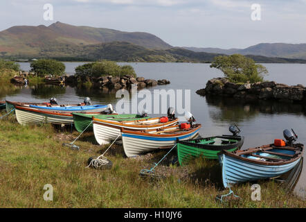 Seeforellenfischen Irland Lachsfischen Irland Holzfischerboote für Wildangler am Ufer des Lough Currane, County Kerry, Irland. Stockfoto