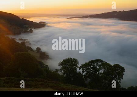 Morgennebel über Llangollen Stockfoto