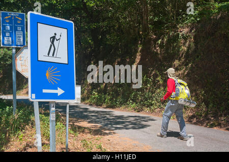 Wegweiser des Camino de Santiago und Pilger, in der Nähe von Samos, Lugo Provinz, Region Galicien, Spanien, Europa Stockfoto