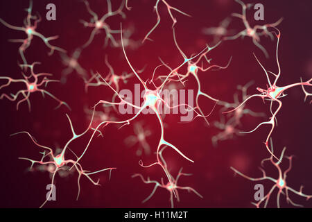 Neuronen im menschlichen Nervensystem auf rotem Grund mit dem Effekt der Tiefenschärfe. 3D-Rendering Stockfoto