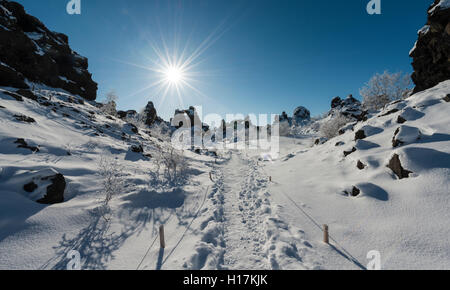 Sonnenschein, Spuren im Schnee, Lavafeld mit Schnee bedeckt, Krafla vulkanischen System, Dimmuborgir Nationalpark, Mývatn, Island Stockfoto