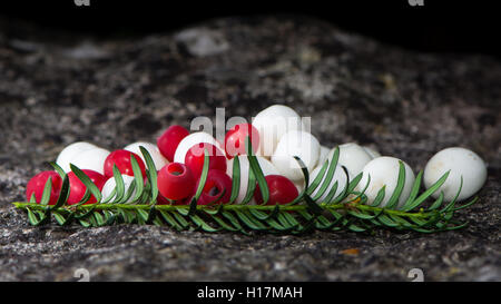 Weiße Snowberries und roten Eiben Beeren auf Stein angeordnet. Eibe (Taxus Baccata) und gemeinsame Snowberry Früchte mit Blättern Stockfoto