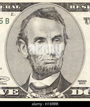 Abraham Lincoln Portrait auf fünf-Dollar-Schein, Nahaufnahme. Wahres Gesicht Stockfoto