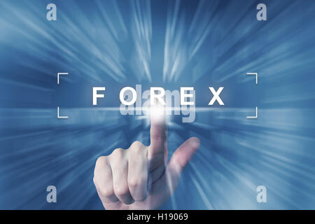 Hand, Forex oder Devisen Anklicken mit Zoom Effekt Hintergrund Stockfoto